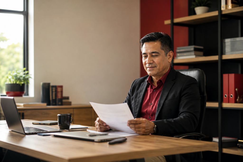 Emprendedor peruano revisando documentos para solicitar un préstamo con garantía hipotecaria