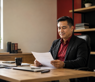 Emprendedor peruano revisando documentos para solicitar un préstamo con garantía hipotecaria